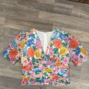 Adelyn Rae Floral Ruffle Puff Sleeve Cropped Blouse Size Medium Tea Party/Garden
